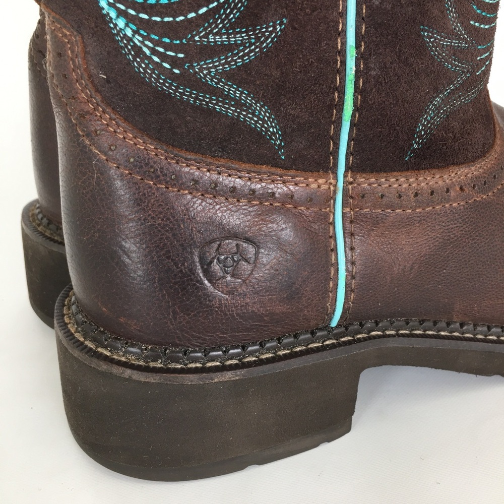 Ariat Fatbaby Heritage Dapper Western Boots Dark Brown Leather Teal Stitching - Picture 9 of 14